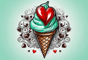 mint chocolate chip ice cream cone with small red heart on it somewhere. tattoo idea