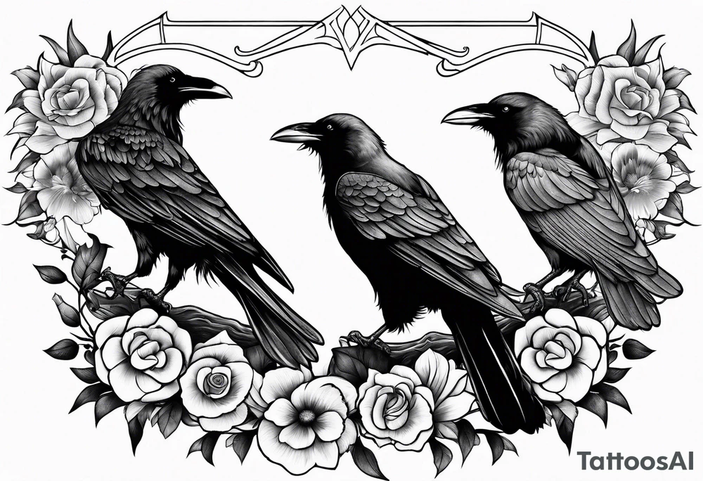 Three Ravens and Flowers or nature tattoo idea