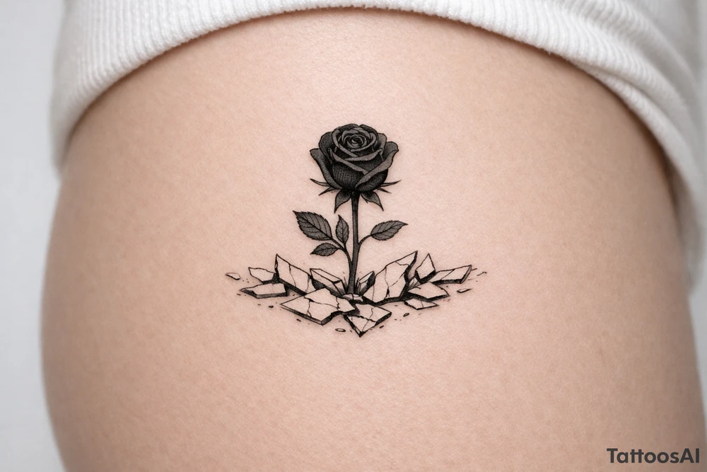 A single dark rose emerging from a field of mirror fragments. tattoo idea