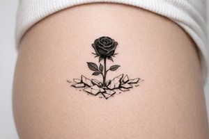 A single dark rose emerging from a field of mirror fragments. tattoo idea