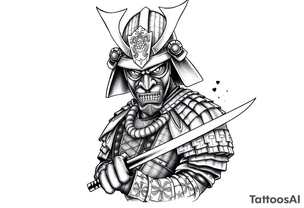 Japanese samurai warrior tattoo, highly detailed armor and helmet, traditional katana sword, intense warrior expression, ornamental patterns, bold linework, black and grey ink style, ink wash shading, centered layout, designed for forearm tattoo with future full sleeve expansion, minimal background ratio 2:3 vertical tattoo idea