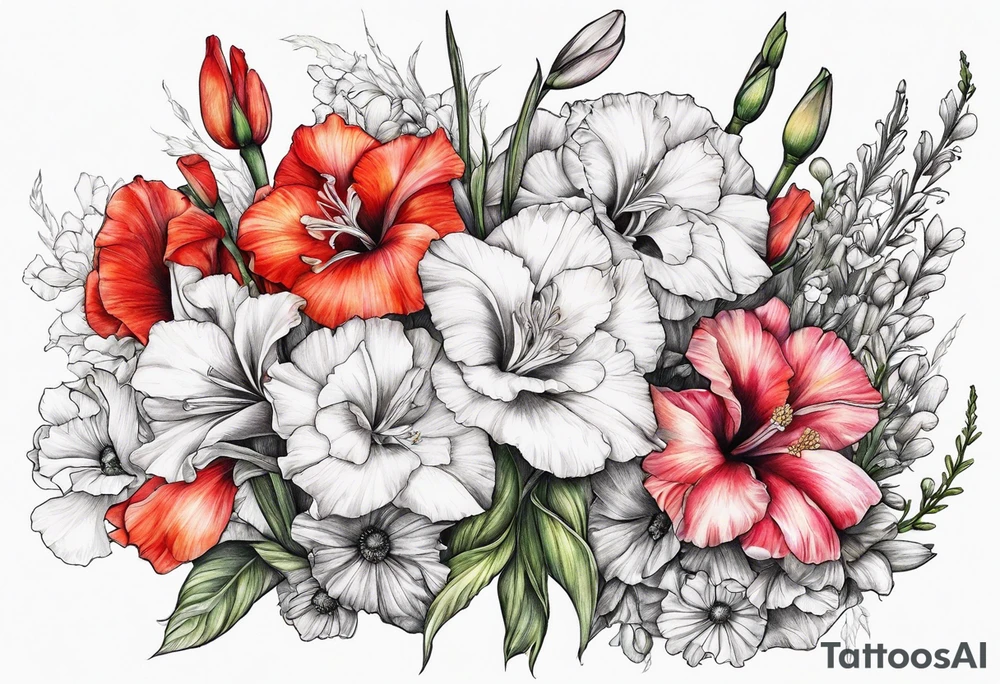 Gladiolus, Poppy, Daisy, Sweet Pea floral tattoo idea