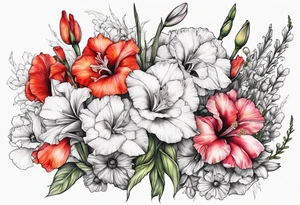 Gladiolus, Poppy, Daisy, Sweet Pea floral tattoo idea