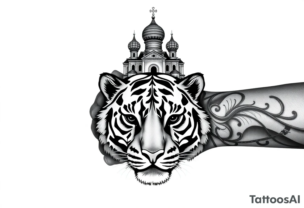 Realistic tiger face on the back of the hand with its eyes ALL black and no pupils, sitting beneath a Russian Orthodox cathedral sitting above on the top fore arm with onion domes and orthodox crosses. with clouds above and a virgin mary tattoo idea