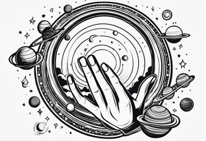 Human hand facing down with planets dangling from fingertips tattoo idea