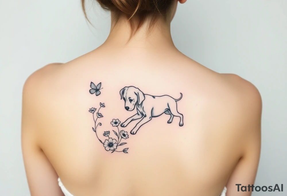 Small tattoo of Great Dane puppy playing in flowers and chasing a butterfly. tattoo idea