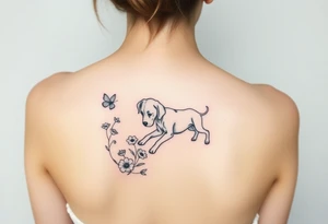 Small tattoo of Great Dane puppy playing in flowers and chasing a butterfly. tattoo idea