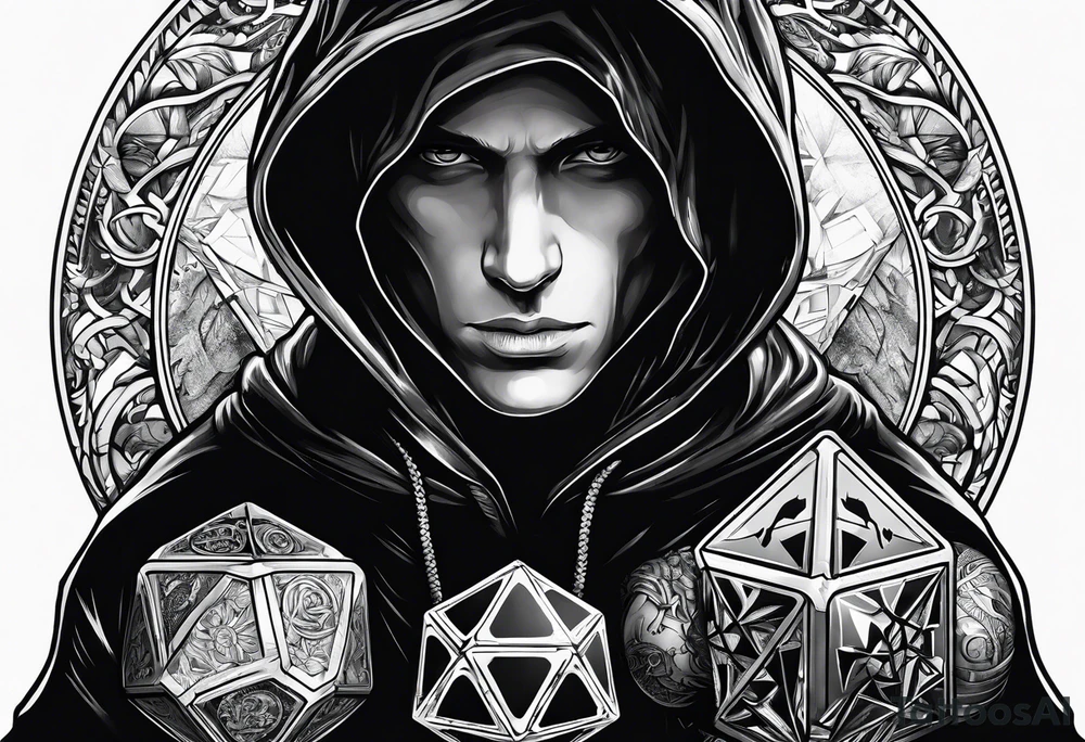 hooded figure holding a d20 tattoo idea