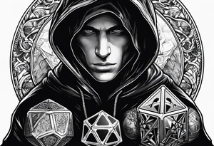 hooded figure holding a d20 tattoo idea