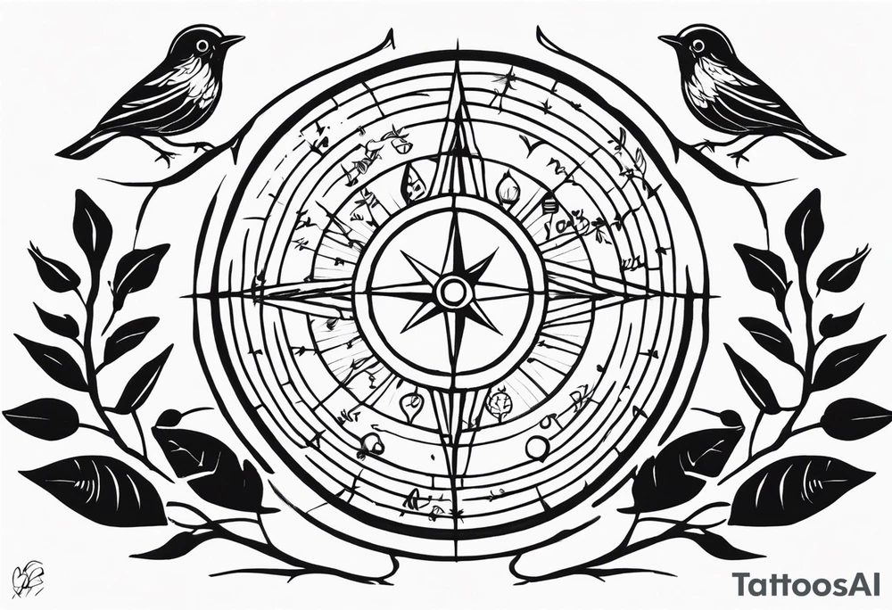 Create me a tattoo only in black with thin lines with a tree of life in the middle, a compass above with GPS coordinates, three little birds from the music "three little birds" by Bob Marley. tattoo idea