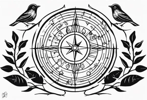 Create me a tattoo only in black with thin lines with a tree of life in the middle, a compass above with GPS coordinates, three little birds from the music "three little birds" by Bob Marley. tattoo idea