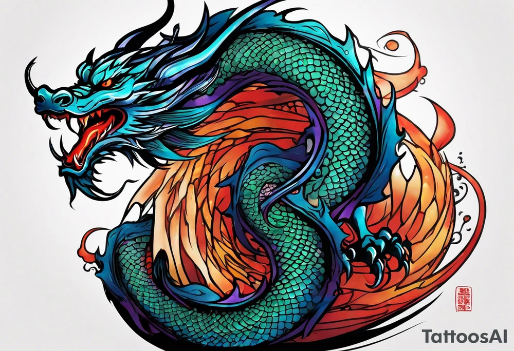 An epic floating asian dragon. Its long body coiling dynamically, with scales and horns detailed to create a sense of movement and strength. The dragon's color is giving a vibrant depth and a mystical aura. This tattoo highlights the dragon’s fierce expression and sharp claws. tattoo idea
