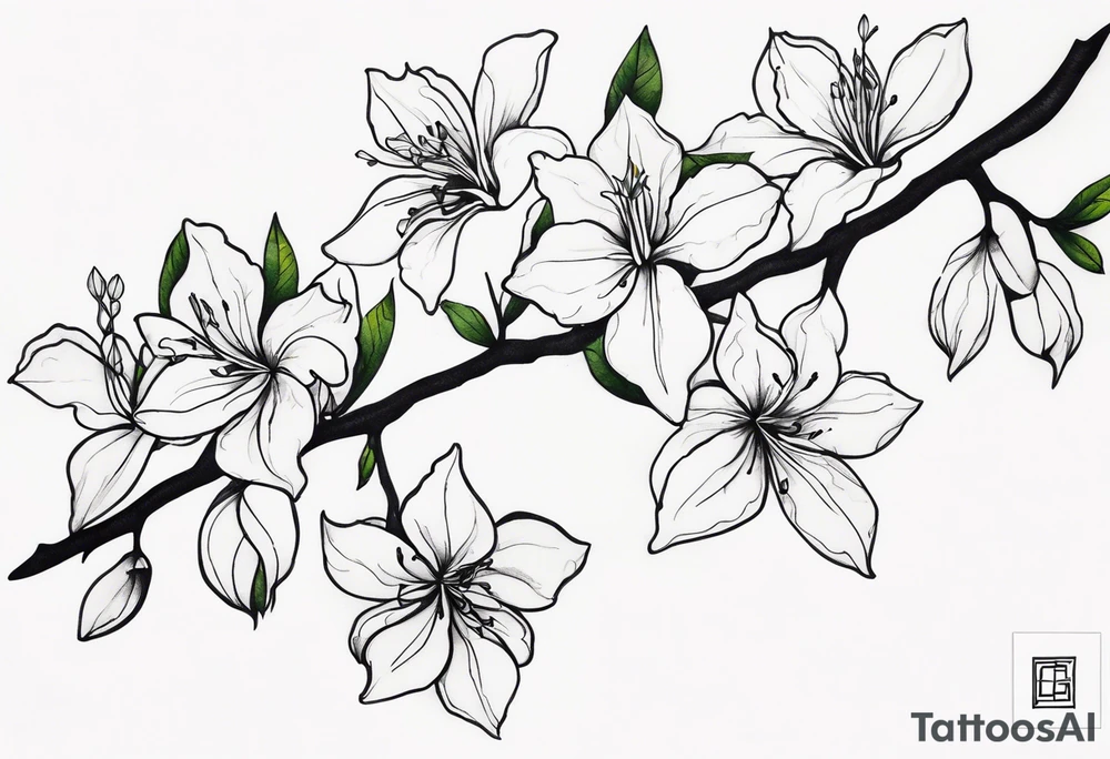 5-petal Azaleas, spread out along a long branch tattoo idea