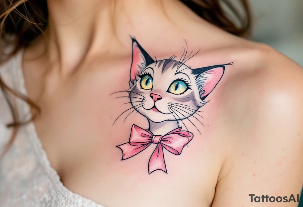 A delicate pastel tattoo of Marie with pink bow under neck from The Aristocats adds a touch of feline elegance. tattoo idea