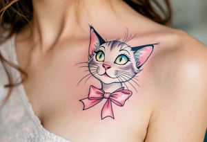 A delicate pastel tattoo of Marie with pink bow under neck from The Aristocats adds a touch of feline elegance. tattoo idea