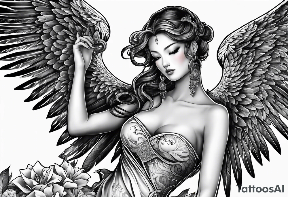 Right wing of an angel wrapping the nam written in gothic letters. tattoo idea