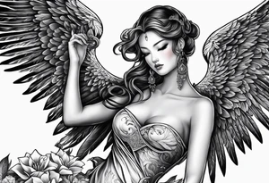 Right wing of an angel wrapping the nam written in gothic letters. tattoo idea