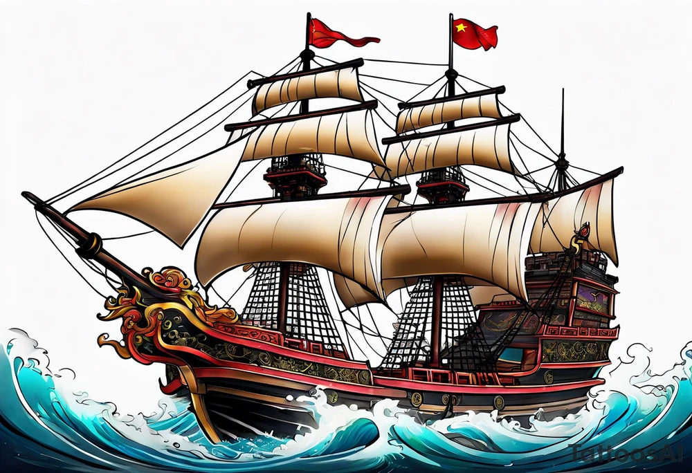 Chinese pirate ship that has been through many storms tattoo idea