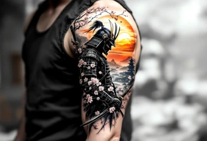 noble samurai warrior silhouette at sunset with cherry blossoms tattoo idea