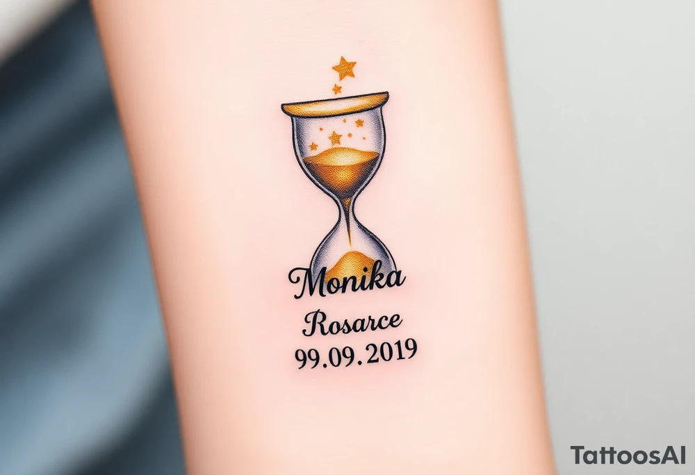 A golden hourglass where sand transforms into tiny stars, flowing down to mark the birth time with name "Monika" and date "09. 09. 2019", in shimmering gold and deep space black tattoo idea