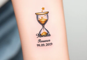 A golden hourglass where sand transforms into tiny stars, flowing down to mark the birth time with name "Monika" and date "09. 09. 2019", in shimmering gold and deep space black tattoo idea