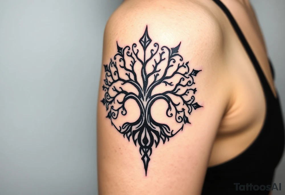 mystical tree of life with cosmic roots and celestial branches tattoo idea