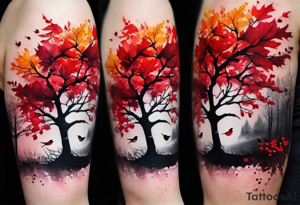 trash polka style. Arm tattoo. Long tattoo. Full sleeve. Shoulder. A single large maple tree with red autumn leaves that branches upwards from wrist to shoulder. White-throated dipper bird on the trees branches. Calluna flowers at the base of the trees stem. Tree stem has dark colors. Red/yellow sunset behind the trees stem. Leaves falling. tattoo idea