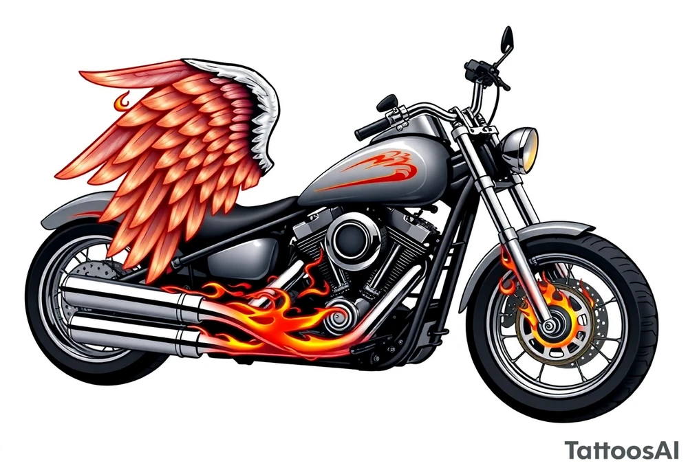 Low rider grey motorcycle, big muffler pipes with flames, angel wings tattoo idea