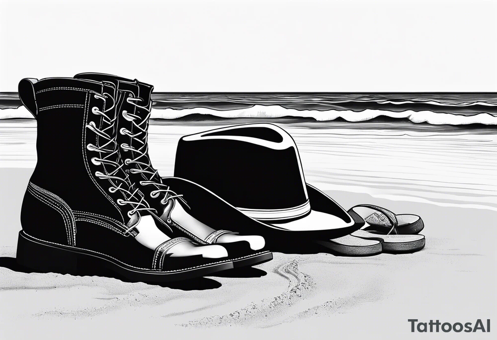 Keep it simple. A pair of timberland boots next to two flip flops and a cowboyhat on the Beach. tattoo idea