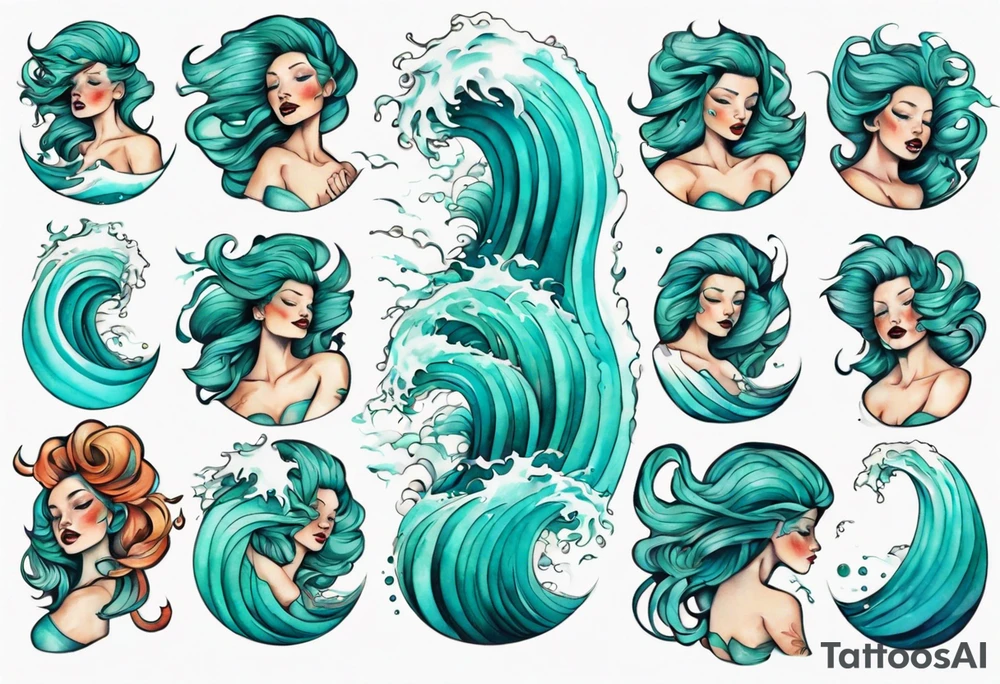 a crashing wave that turns into a turquoise woman tattoo idea