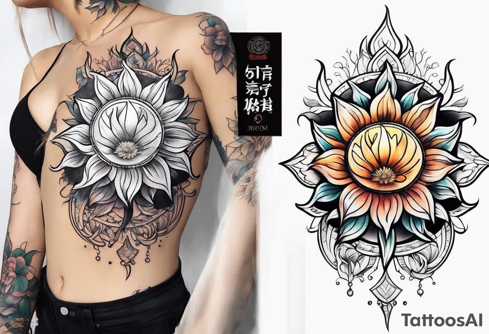 sun moon floral tattoo idea