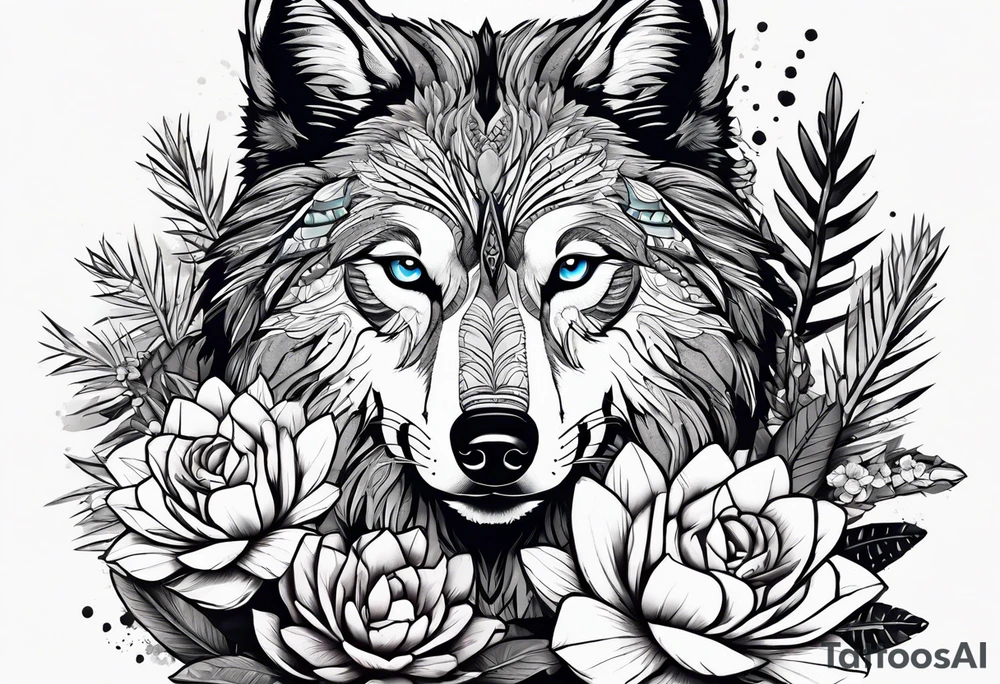 Lobo animal, cactos, flor tattoo idea