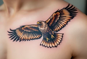 A majestic eagle in flight with wings spread wide, its feathers detailed in shades of deep brown, gold, and cream. tattoo idea