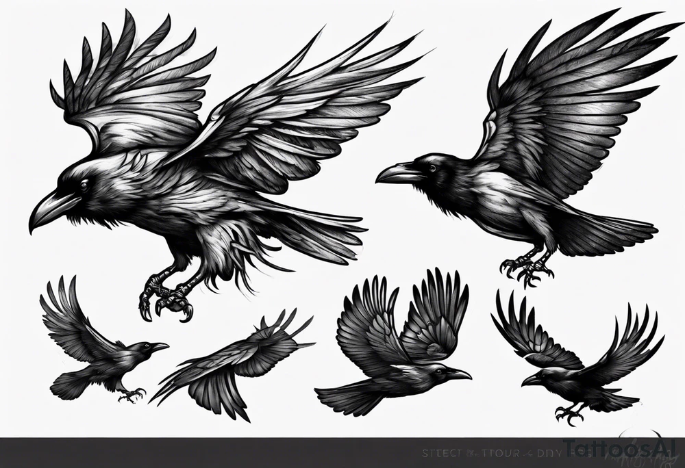 raven flying toward foreground tattoo idea