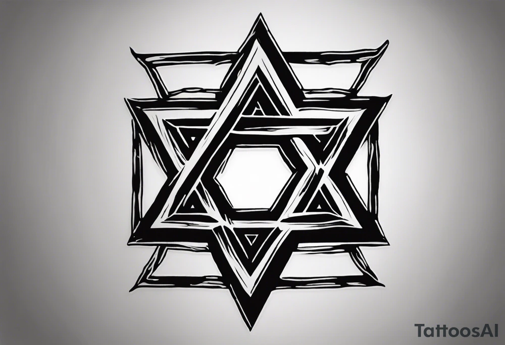 Generate a small 3”x3” tattoo with a rough metal tarnished Star of David using black & grey ultra realism tattoo style that looks as if it was woven into the muscles of the of the left peck. With “Pain is Power. Use it to help heal the world” inscribed on the Start of David like it was chiseled into the steel leaving it looking clean cut and gleaming tattoo idea