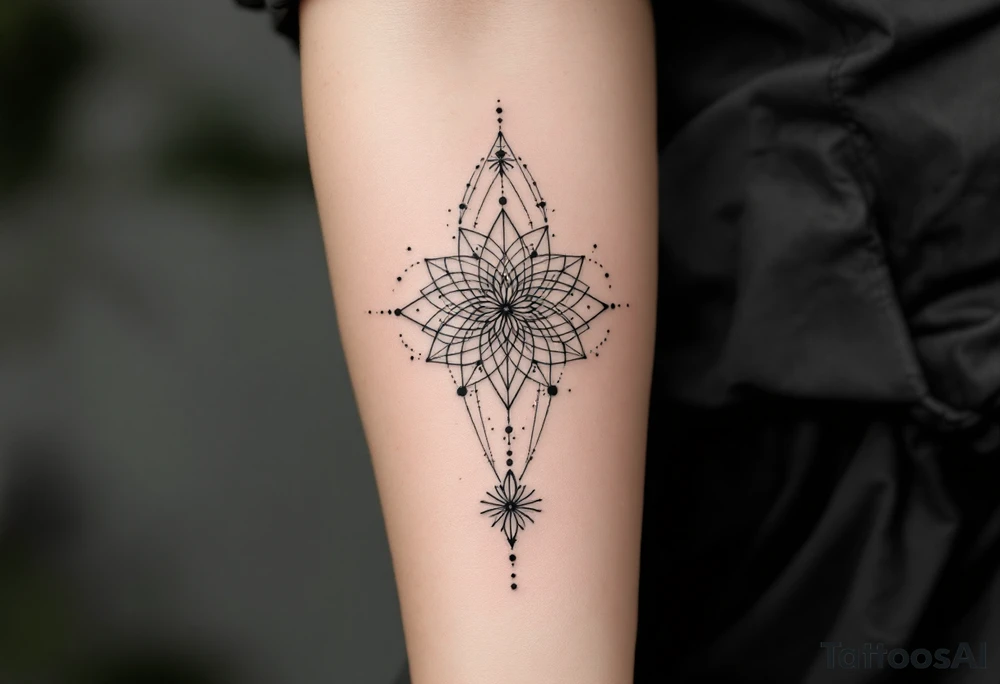 fine-line tattoo, sacred geometry mandala, centerpiece design, dotwork patterns, radiating geometry, symmetrical mandala, geometric shapes, intricate dotwork, sacred patterns, mandala center, geometric radiating, fine line work, black grey shading, minimalist design, no outlines, arm placement, delicate linework, precise geometry, clean symmetry, sacred symbols, geometric precision, dotwork details, mandala focal point, refined patterns, understated complexity, geometric harmony
\ tattoo idea