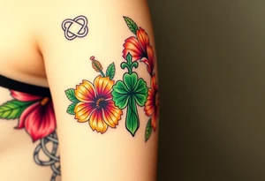 black and green celtic knots weaving throughout, bright colorful hibiscus flowers, sunflowers and a celtic cross with green 4 leaf clover tattoo idea