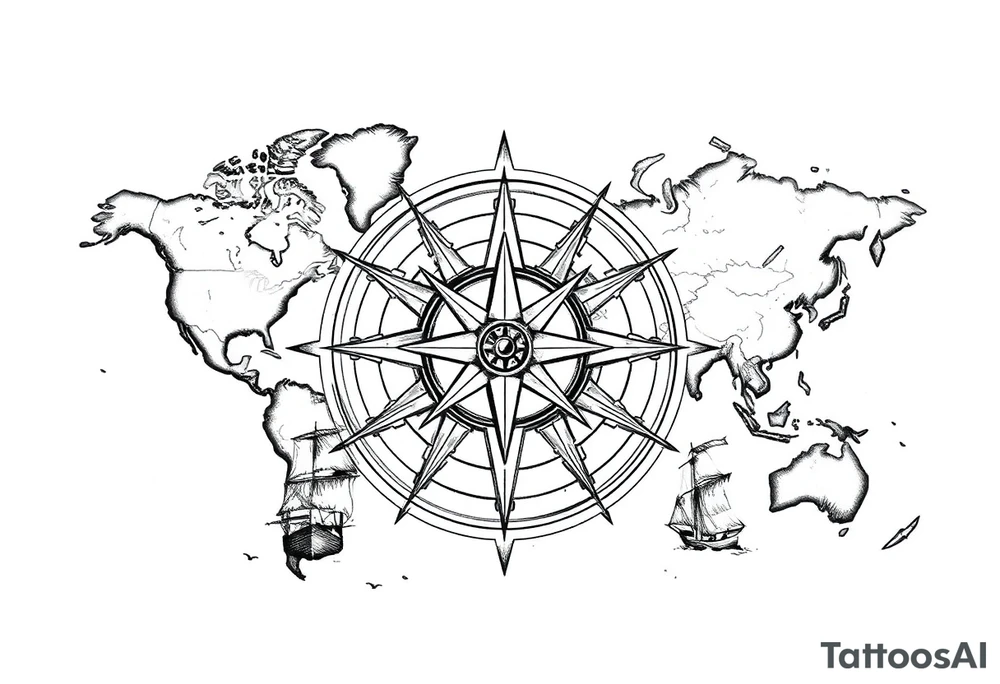 antique compass rose overlaid on weathered world map with sailing ships tattoo idea