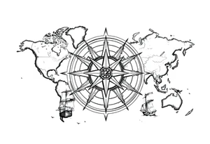 antique compass rose overlaid on weathered world map with sailing ships tattoo idea