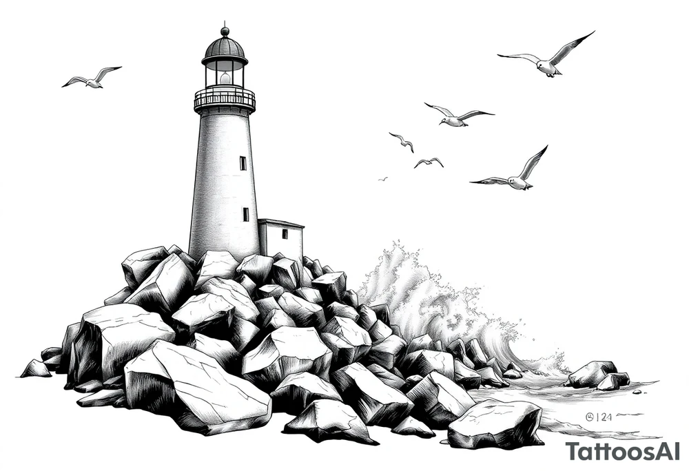 Lighthouse surrounded by boulders in the sea with high waves and seagulls flying around tattoo idea