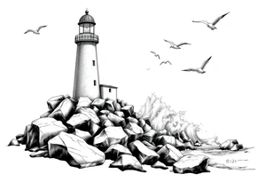 Lighthouse surrounded by boulders in the sea with high waves and seagulls flying around tattoo idea