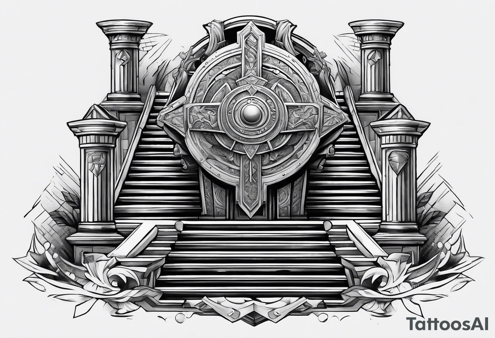 Valhalla sword shield axe stairs tattoo idea