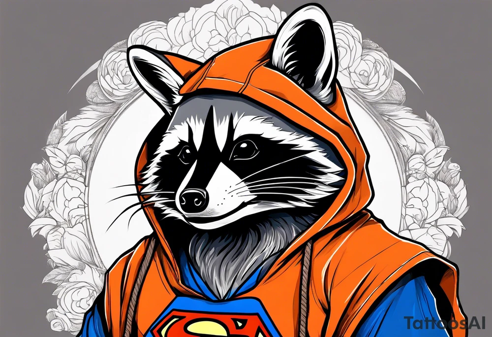 Raccoon wearing an orange Superman hoodie tattoo idea
