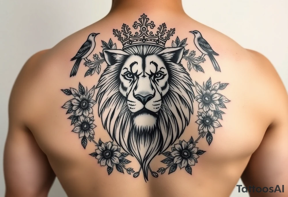 powerful majestic lion with a crown, surrounded by floral ornaments and birds tattoo idea