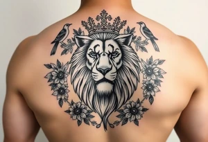 powerful majestic lion with a crown, surrounded by floral ornaments and birds tattoo idea