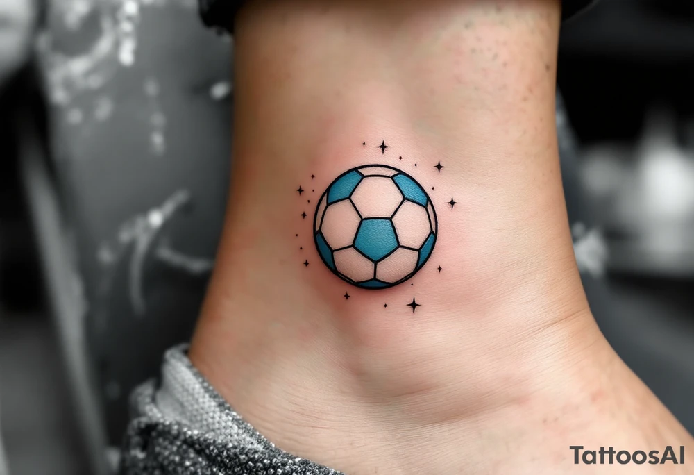 A small ankle tattoo of a pastel blue soccer ball with sparkles around it for a playful look. tattoo idea