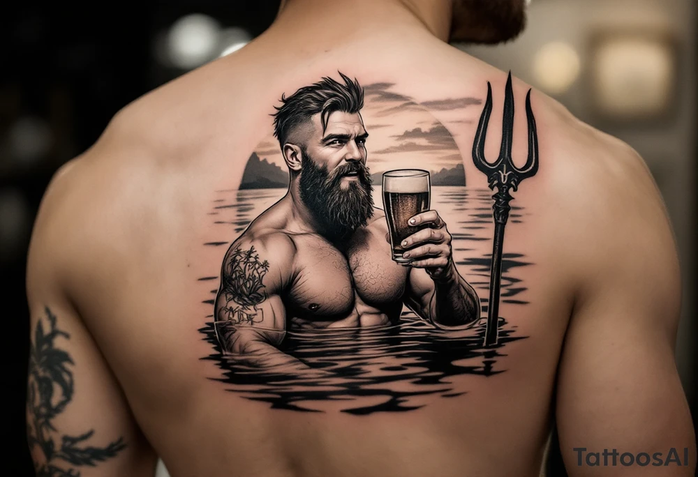 young, happy, fit, short hair, poseidon in calm water, holding a trident, drinking a beer, with sunset, with ski boat tattoo idea