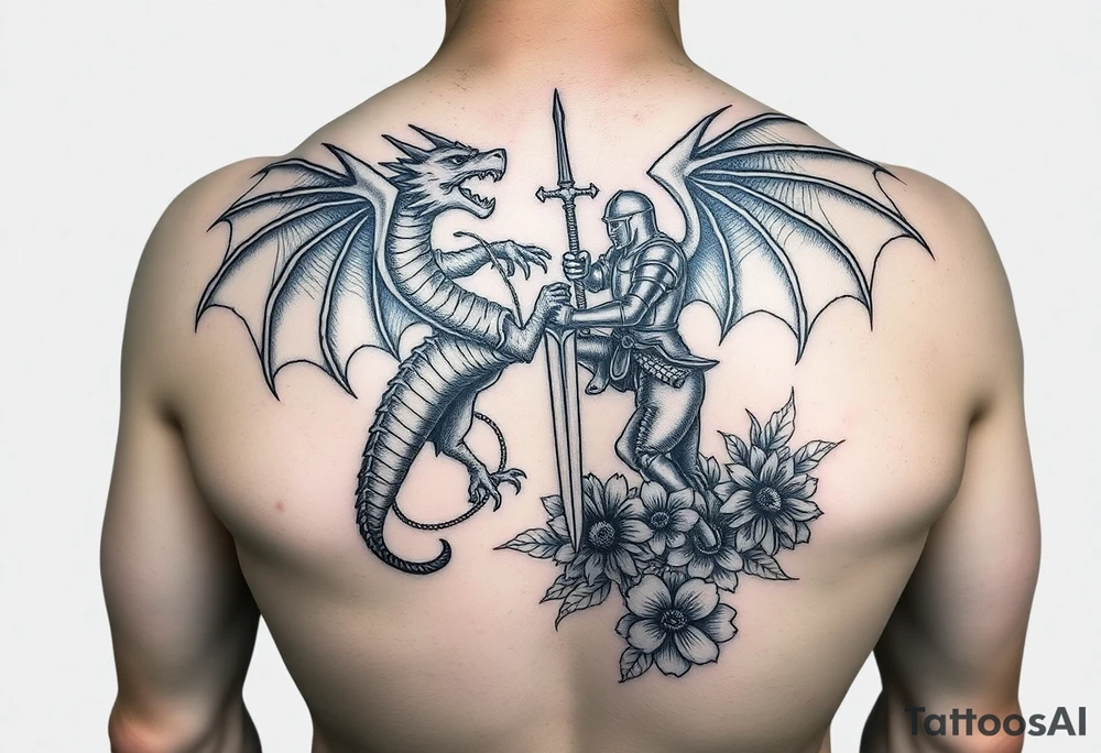 Powerful winged dragon fighting a knight with flowers tattoo idea