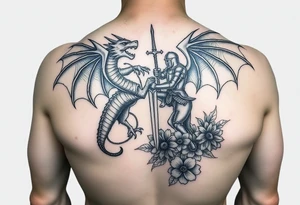 Powerful winged dragon fighting a knight with flowers tattoo idea