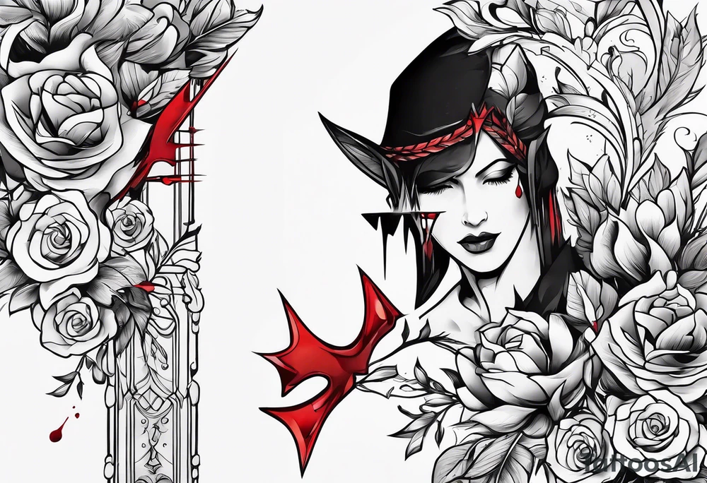 an arrow with only one drip of blood on the tip of it simple line art tattoo idea